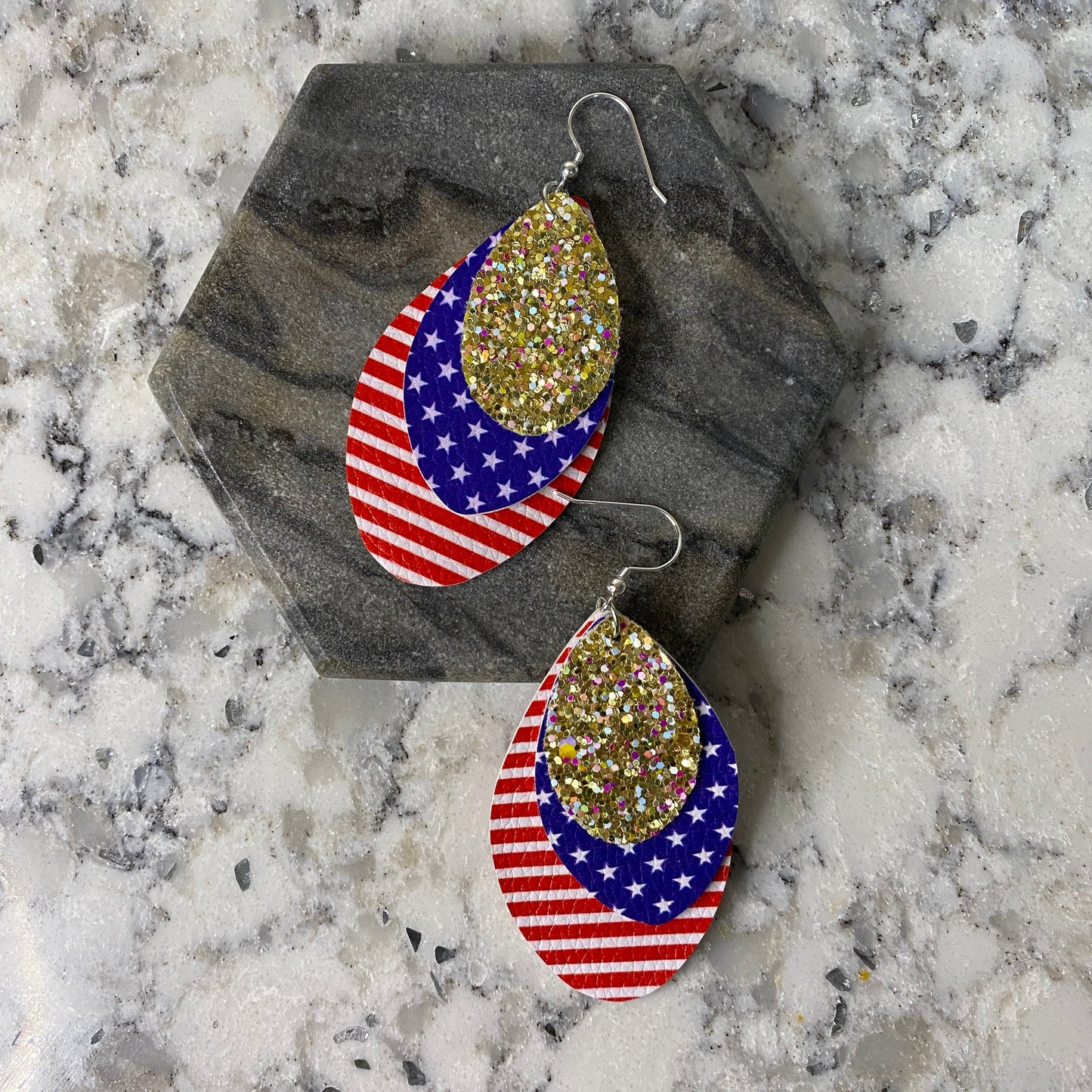 Faux Leather Earrings - Triple American Flag Mix Teardrops