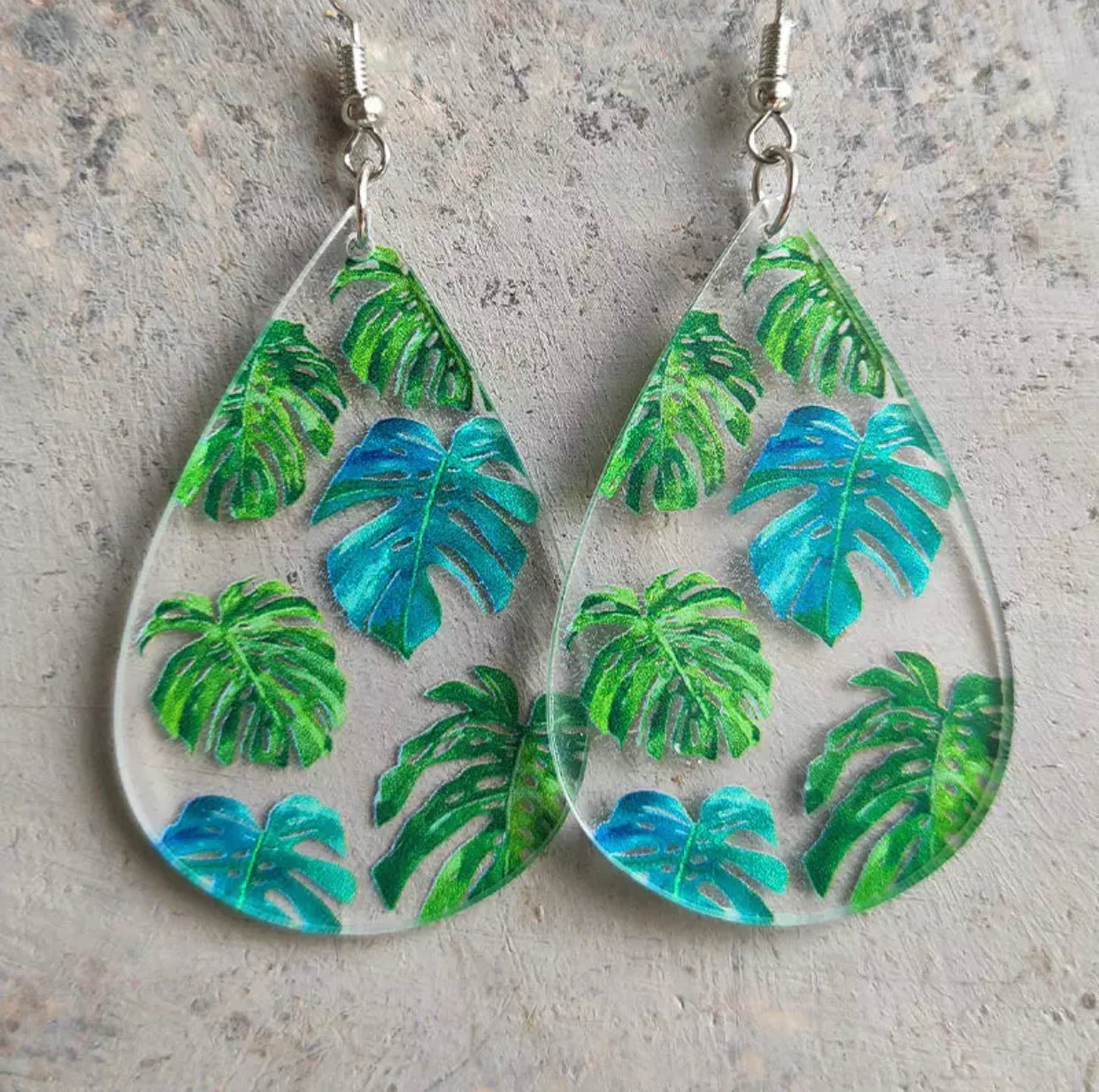 Acrylic Hook Dangle Earrings - Monstera Teardrops