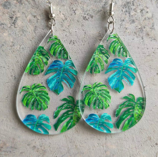 Acrylic Hook Dangle Earrings - Monstera Teardrops