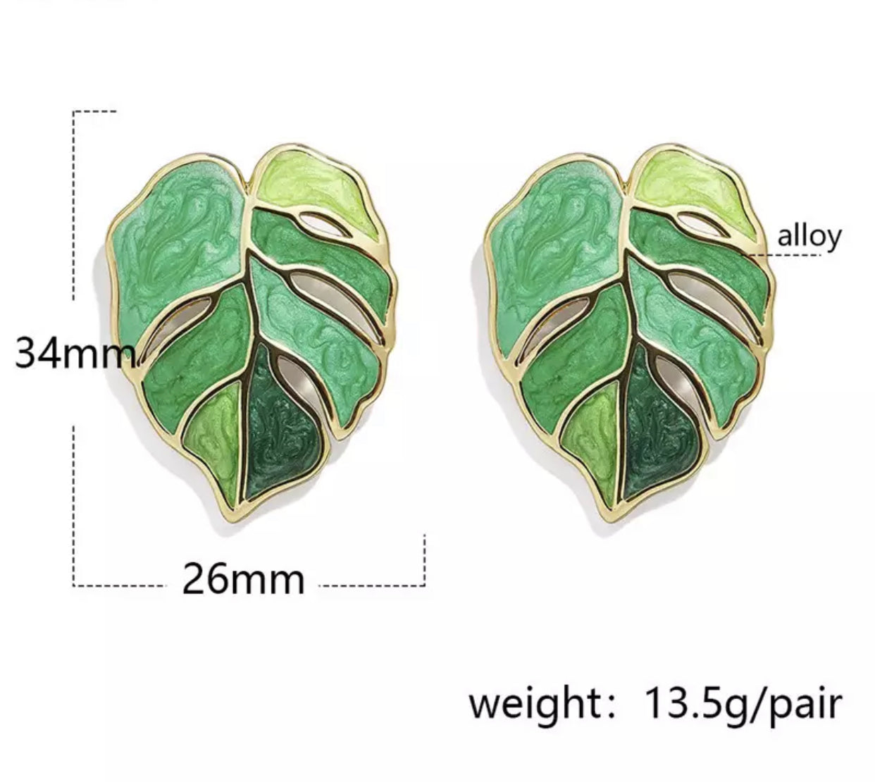 Metal Stud Earrings - Green Monstera