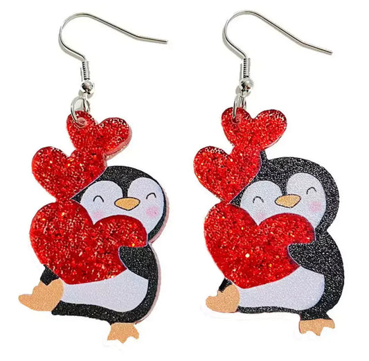 Acrylic Dangle Earrings - Penguin Heart