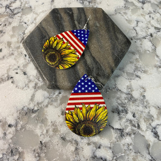 Faux Leather Earrings - Flag Sunflower Bottom Teardrops