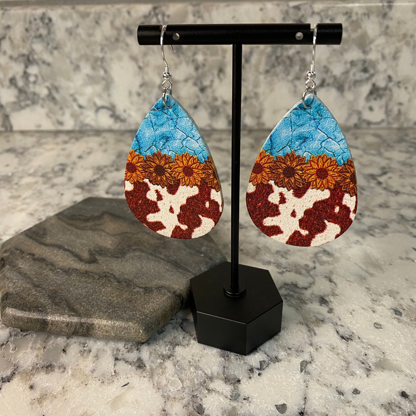 Faux Leather Earrings - Blue Stone Sunflower Cow Teardrops