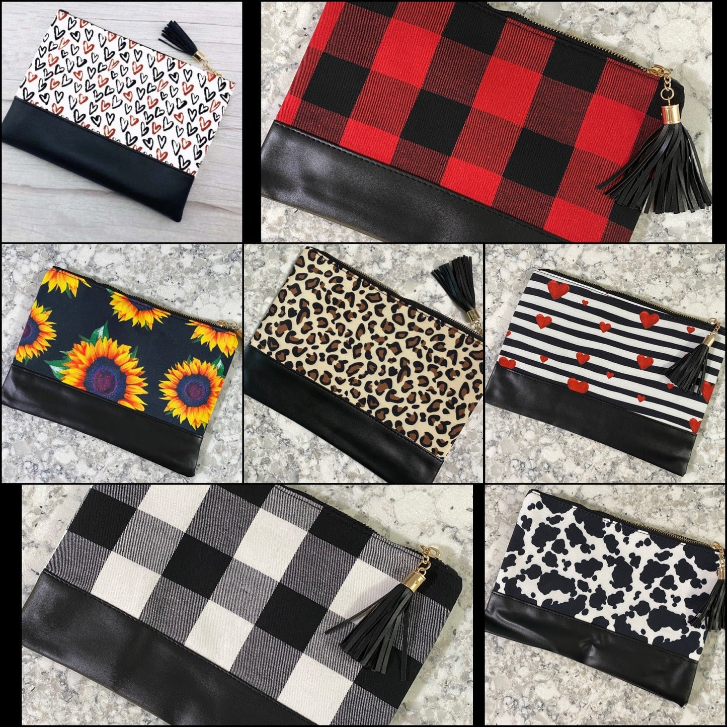 Clutch - Oversized Faux Leather & Canvas - White Plaid