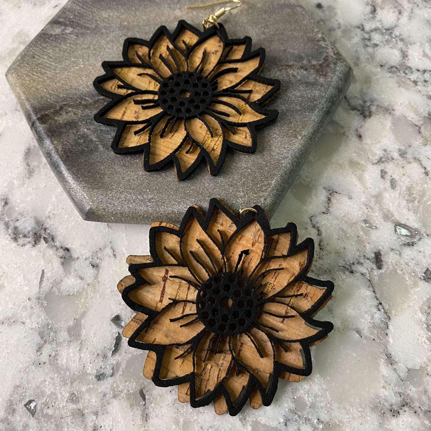 Faux Leather Earrings - Wood Cork Sunflower