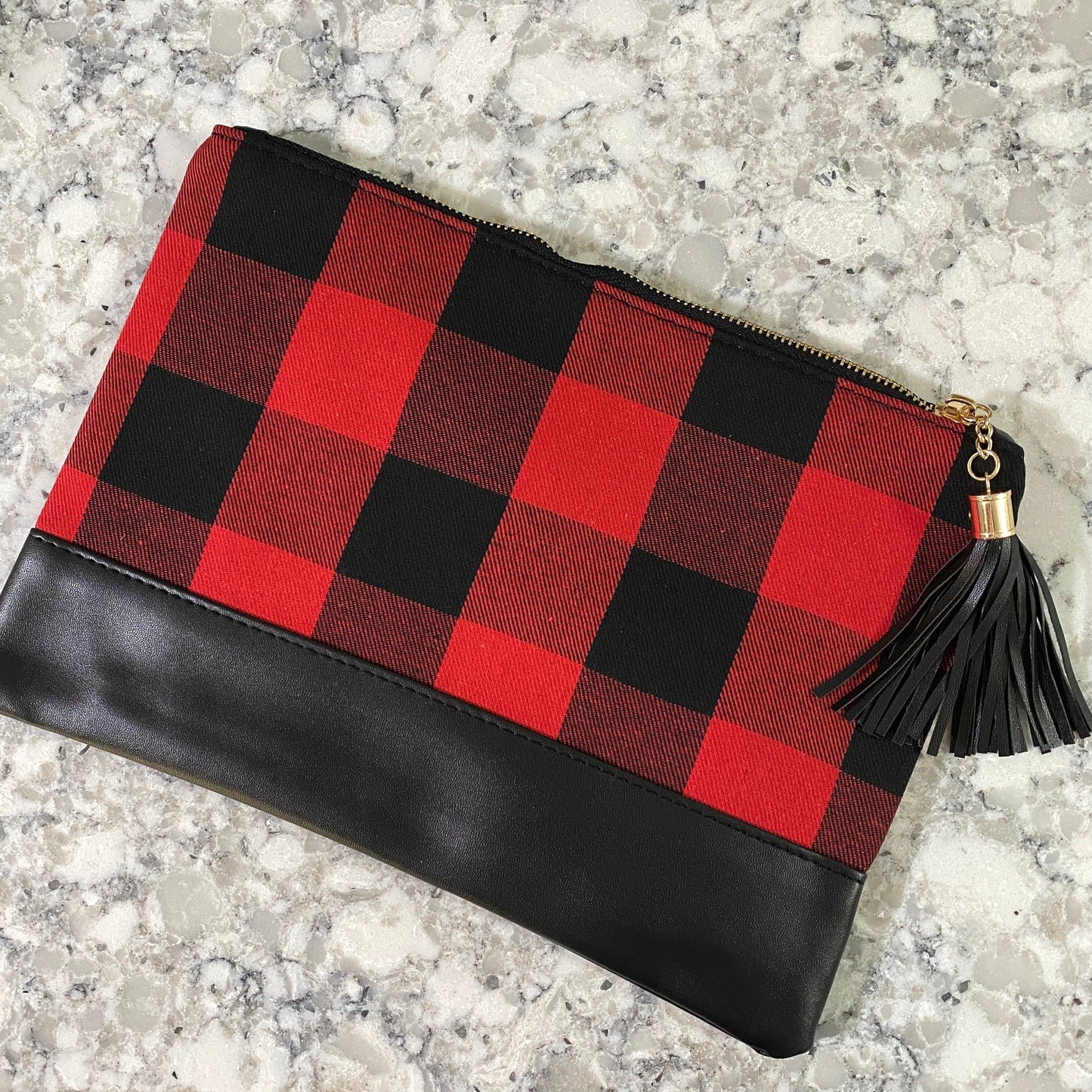 Clutch - Oversized Faux Leather & Canvas - White Plaid