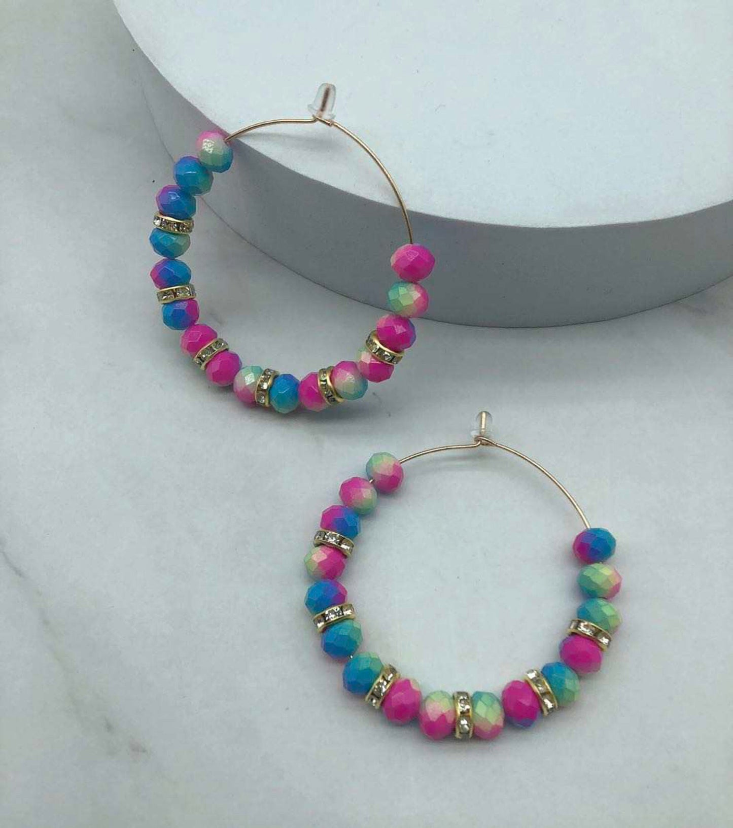 Metal Hoop Earrings - Rainbow Bead