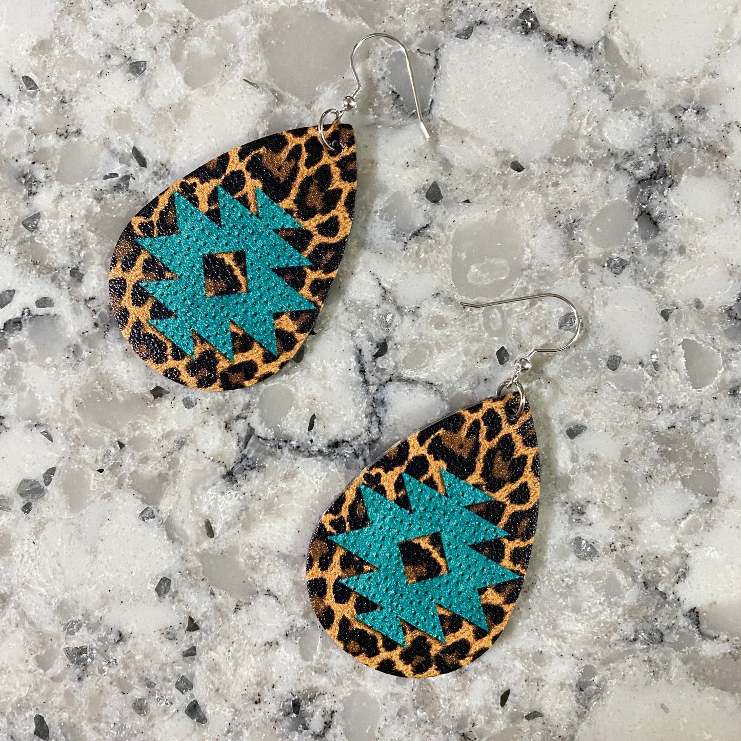 Faux Leather Earrings - Aztec & Leopard Teardrops