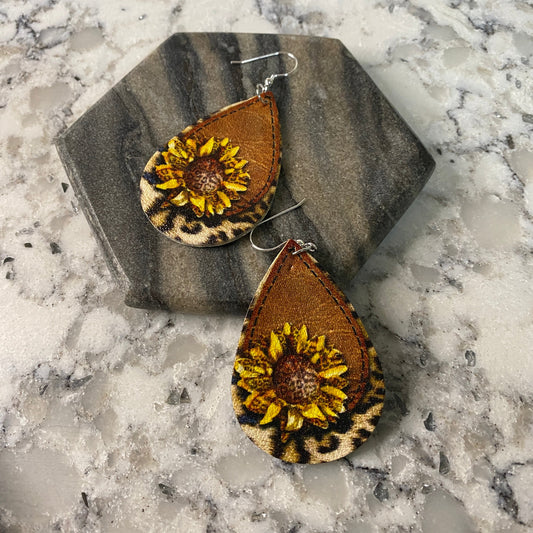 Faux Leather Earrings - Sunflower Animal Brown Teardrops