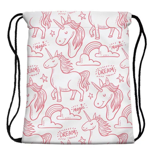 Drawstring Bag - White Pink Outline Unicorn