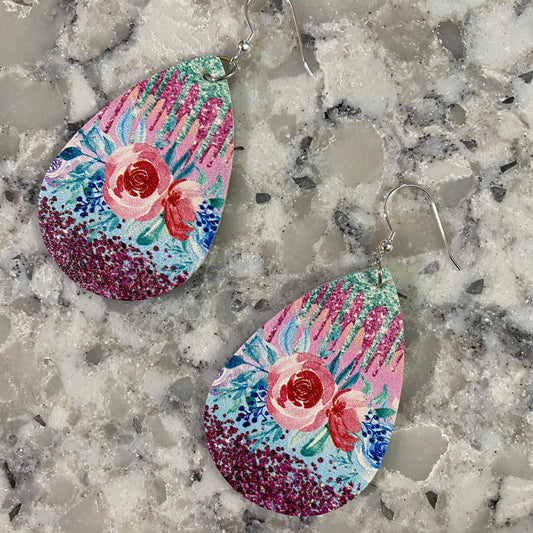 Faux Leather Earrings - Mint & Blue Floral Drip Teardrops