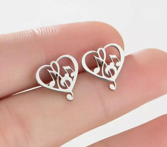 Metal Stud Earrings - Heart Music
