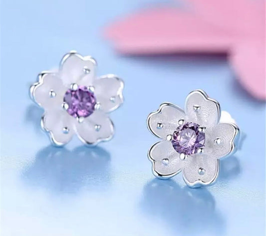 Metal Stud Earrings - Floral with Purple Gem