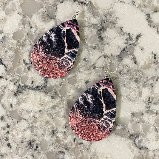 Faux Leather Earrings - Pink Sparkle Navy Marble Teardrops
