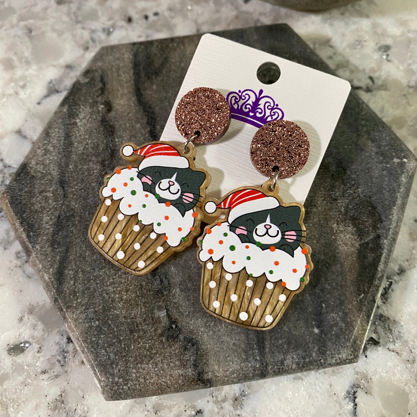 Acrylic Stud Dangle Earrings - Cupcake Cat