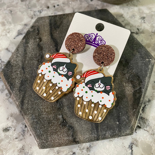Acrylic Stud Dangle Earrings - Cupcake Cat