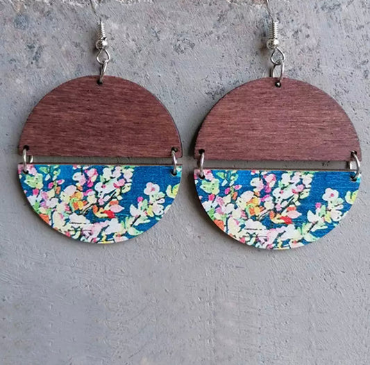 Wood Earrings - Half & Half Blue Floral