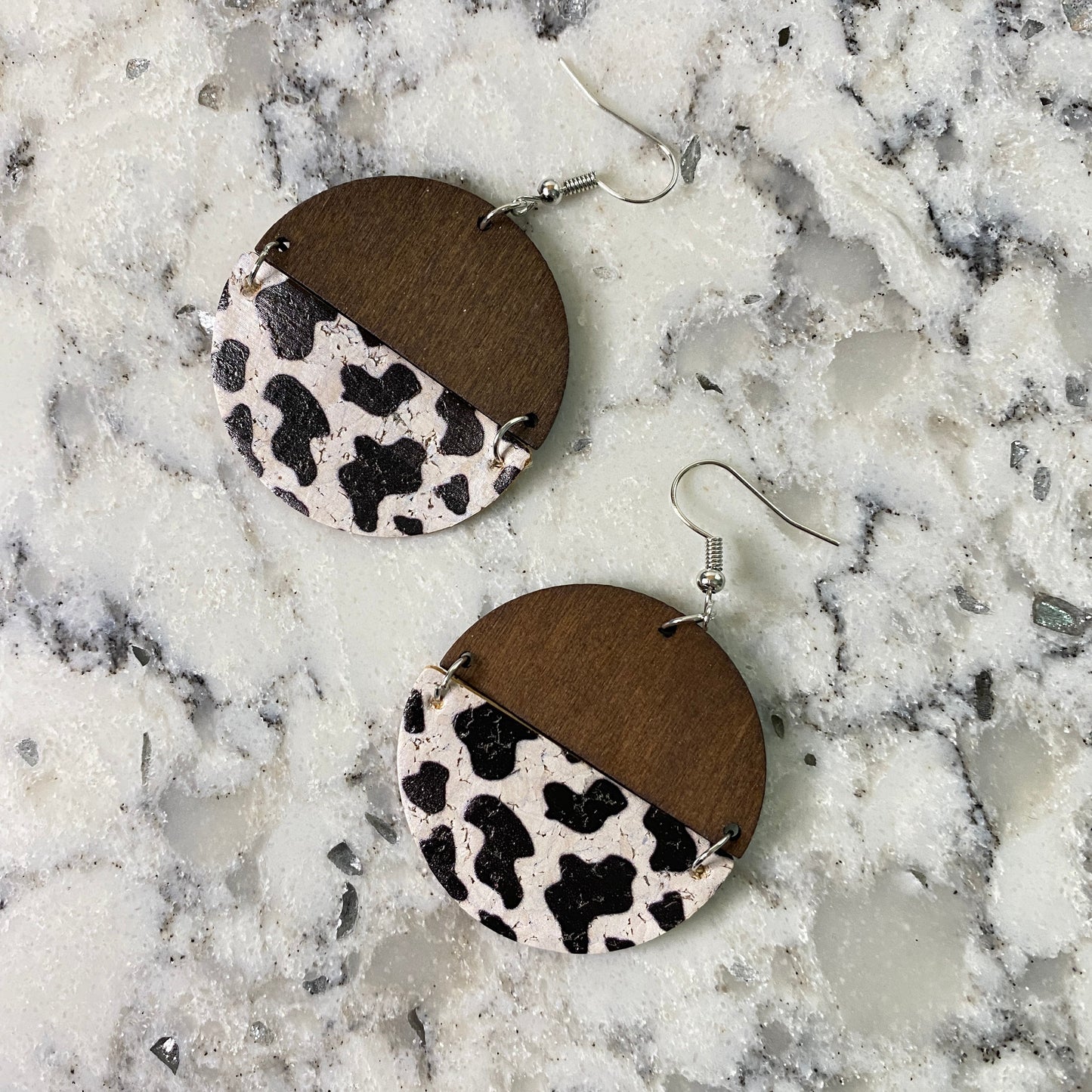 Faux Leather Earrings - Wood Cork Cow Print