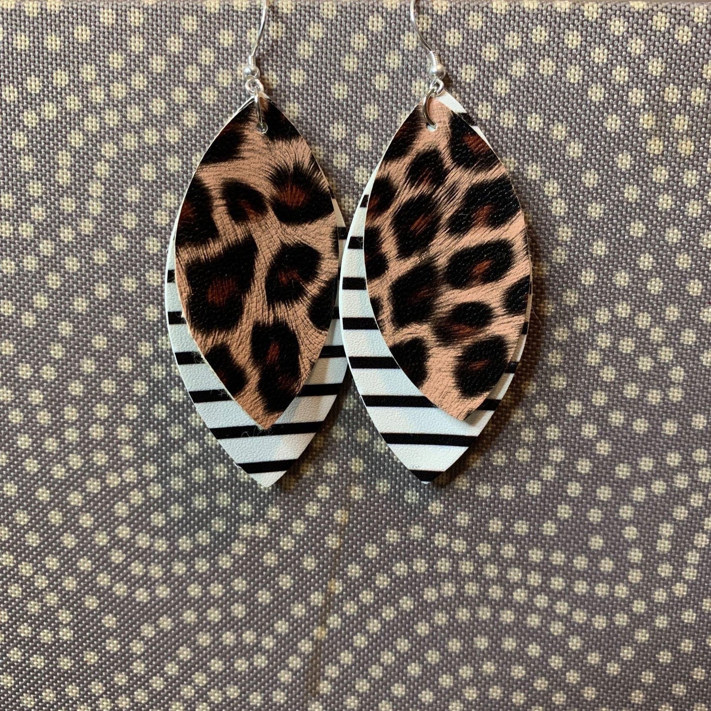 Faux Leather Earrings - Animal Print Diamond Double
