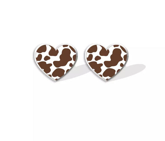 Acrylic Stud Earrings - Brown Cow Heart