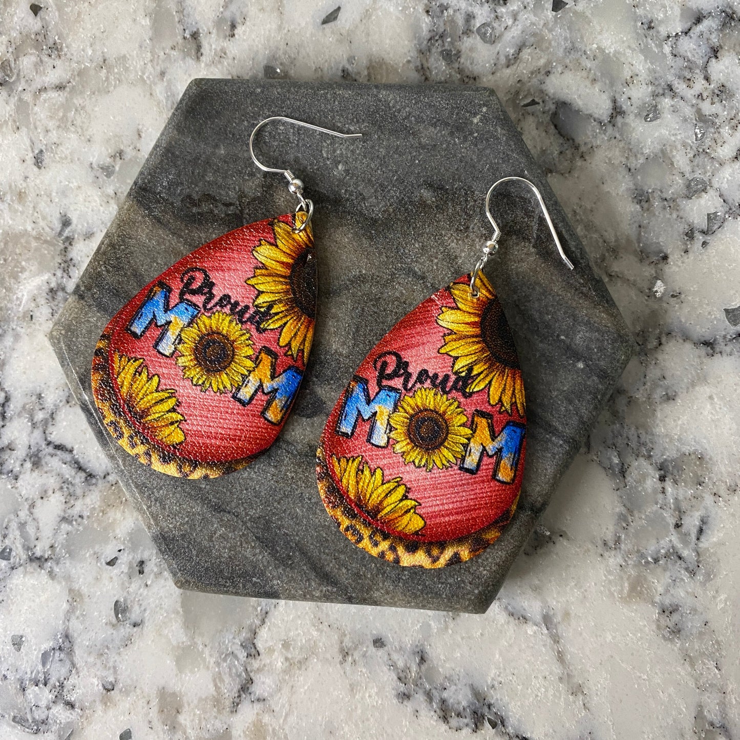 Faux Leather Earrings - Proud Mom Teardrops