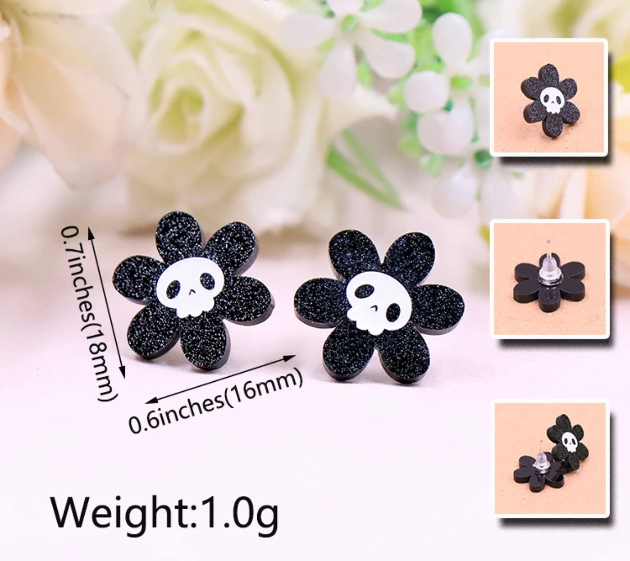 Acrylic Stud Earrings - Flower Skull - Halloween