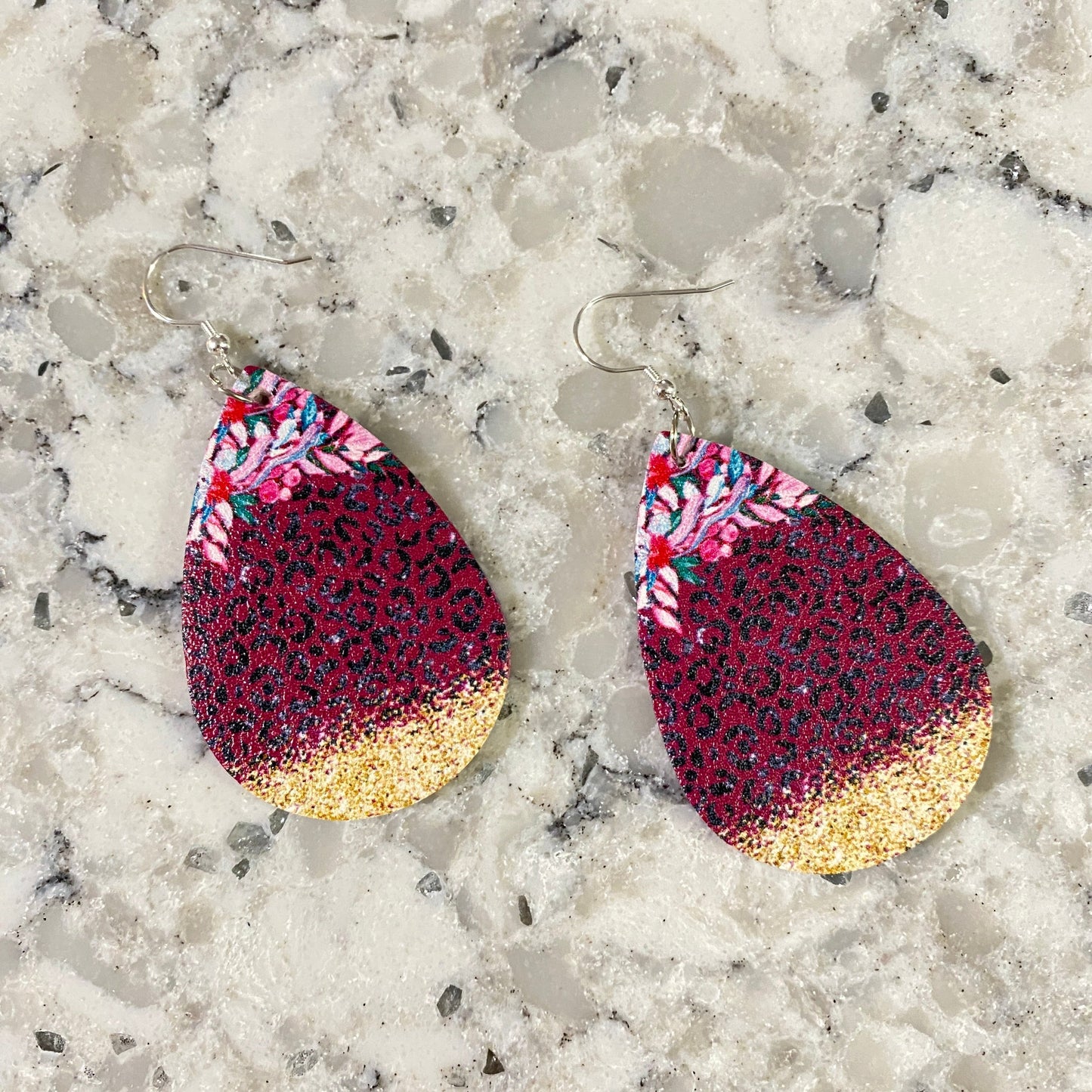 Faux Leather Earrings - Floral Fuchsia Animal Print Sparkle Teardrops