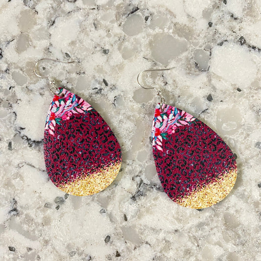 Faux Leather Earrings - Floral Fuchsia Animal Print Sparkle Teardrops