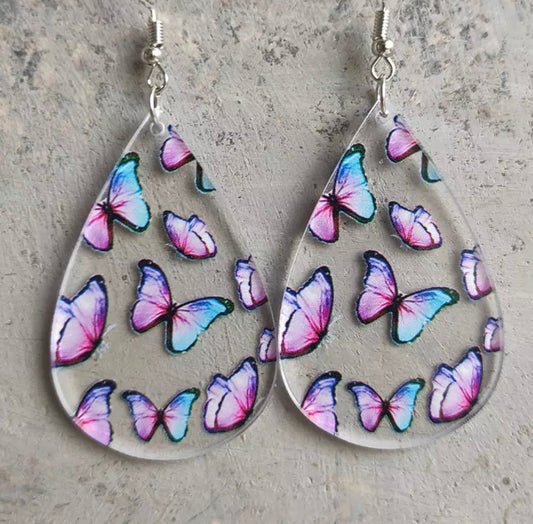 Acrylic Hook Dangle Earrings - Purple Butterfly Teardrops