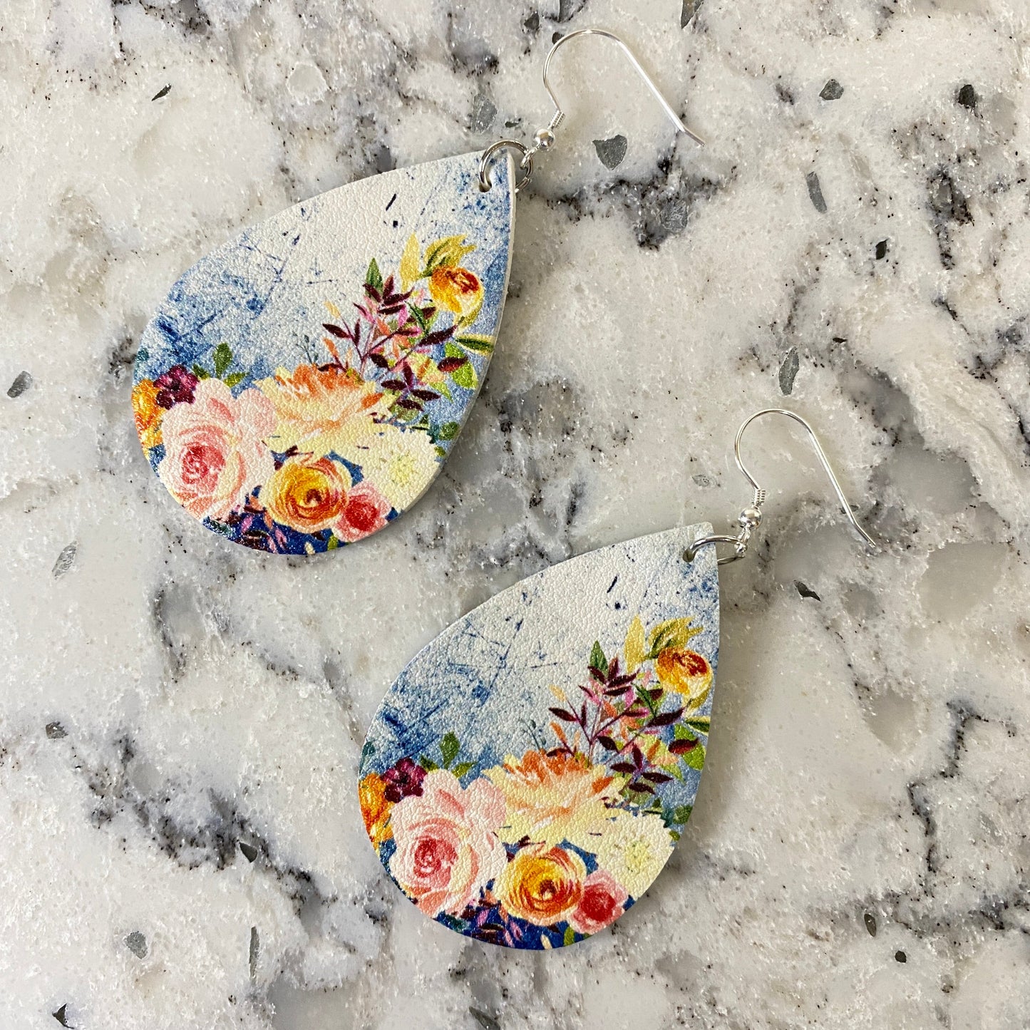 Faux Leather Earrings - Denim Ombré Floral Teardrop