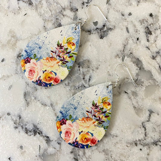 Faux Leather Earrings - Denim Ombré Floral Teardrop