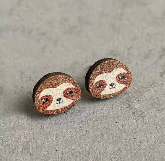 Wooden Stud Earrings - Sloth