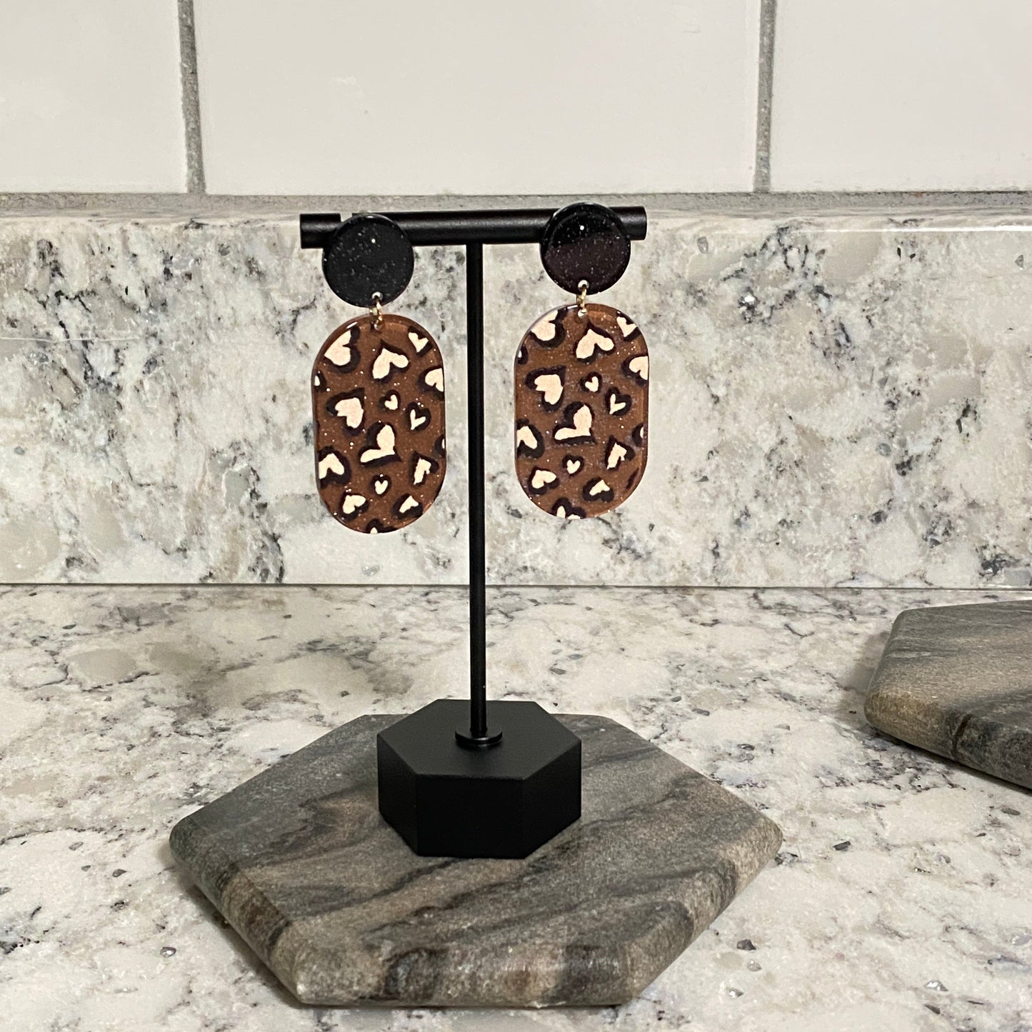 Dangle Earrings - Oval Leopard Print Heart