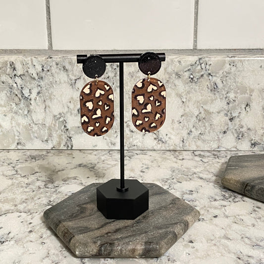 Dangle Earrings - Oval Leopard Print Heart