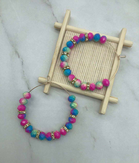 Metal Hoop Earrings - Rainbow Bead