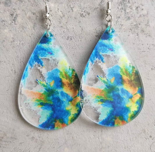 Acrylic Hook Dangle Earrings - Blue Green Orange Teardrops
