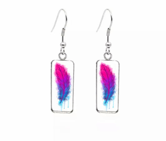 Glass Dome Hook Earrings - Pink & Blue Feather