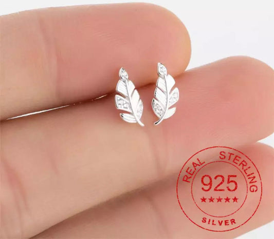 Metal Stud Earrings - Feather with Gem - Sterling Silver
