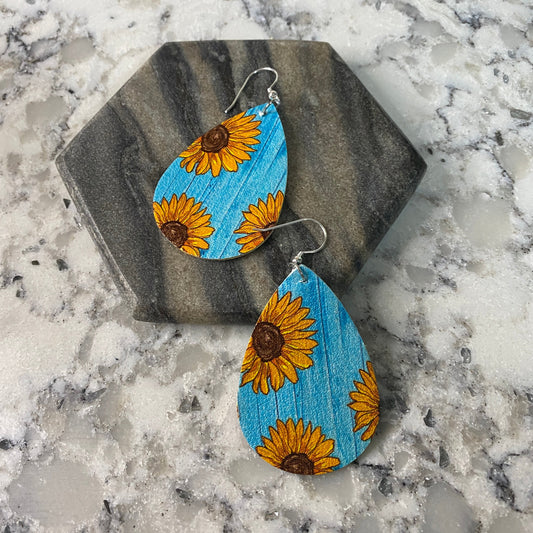Faux Leather Earrings - Blue Wood Sunflower Teardrops