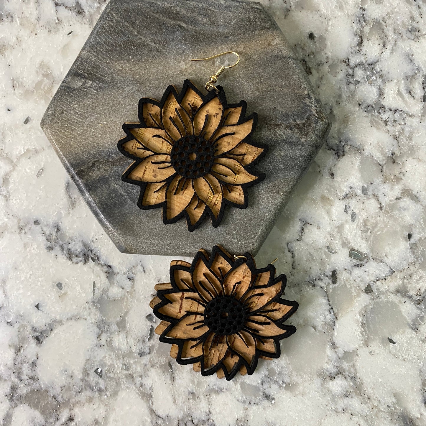 Faux Leather Earrings - Wood Cork Sunflower