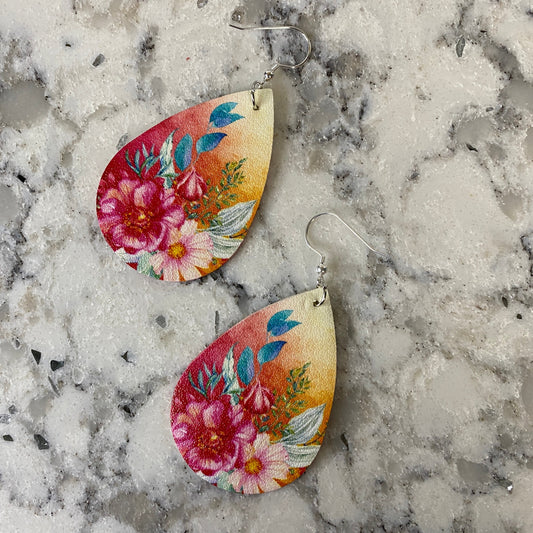 Faux Leather Earrings - Orange Ombré Floral Teardrop