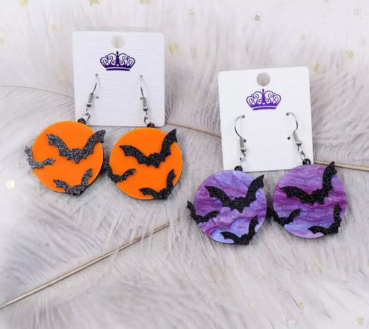 Acrylic Hook Dangle Earrings - Bat Round - Halloween