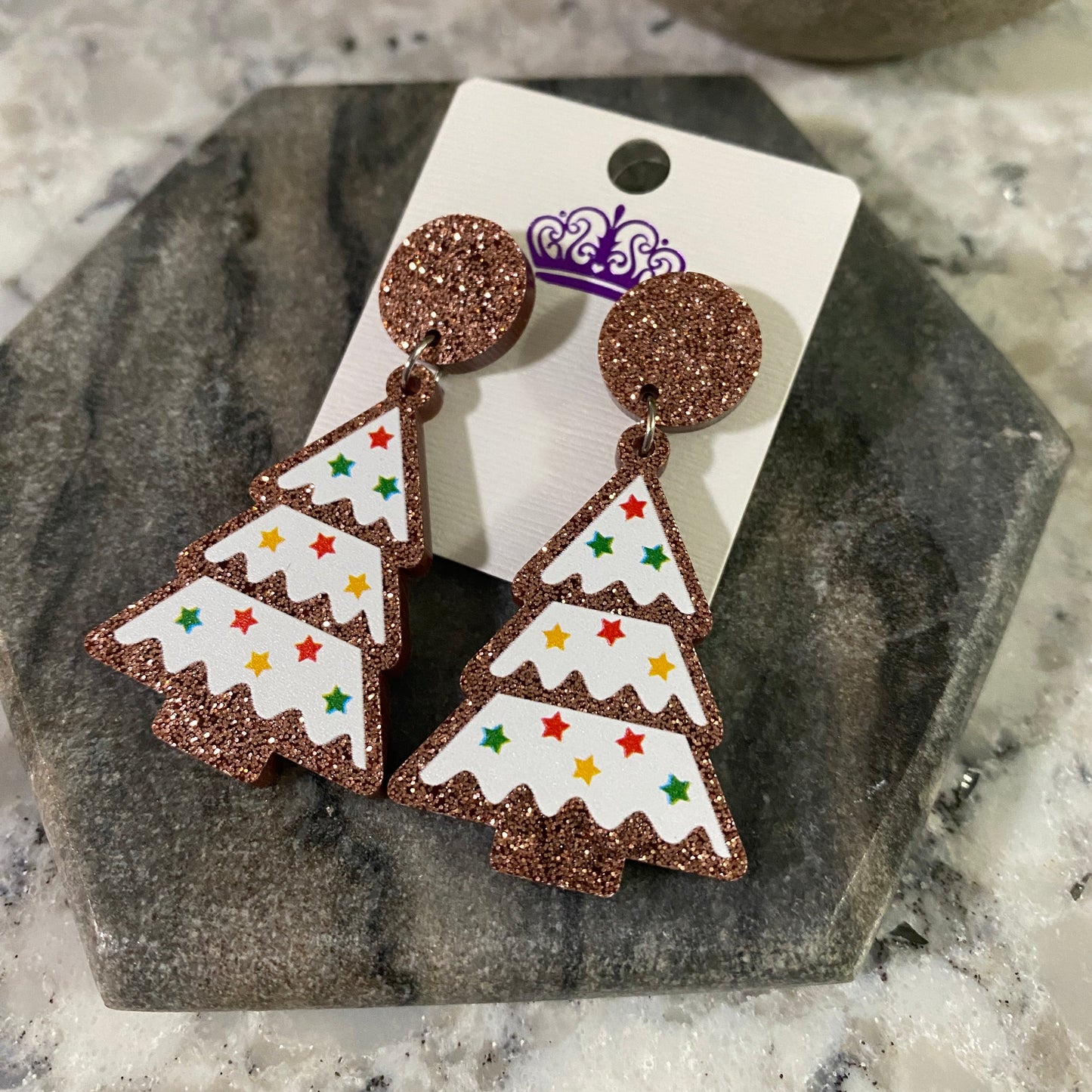 Acrylic Stud Dangle Earrings - Brown White Trees