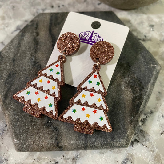 Acrylic Stud Dangle Earrings - Brown White Trees