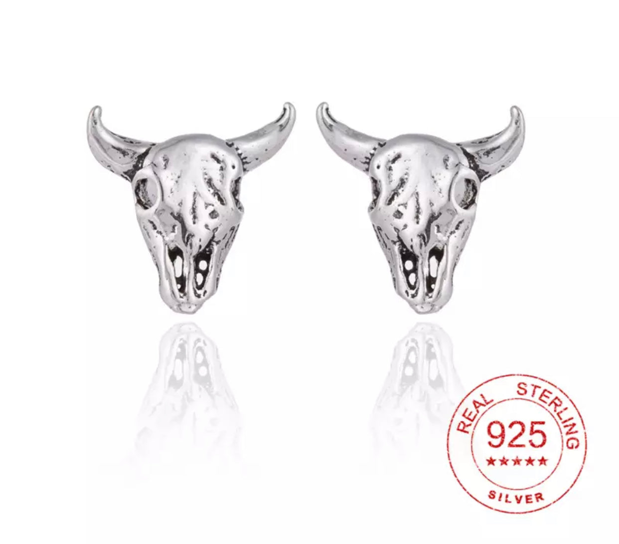 Metal Stud Earrings - Bull Skull - Sterling Silver