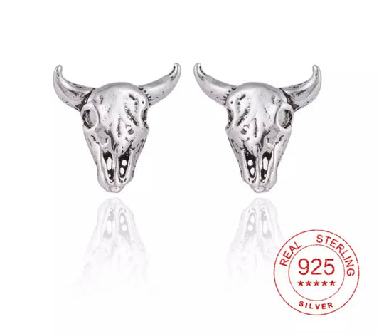 Metal Stud Earrings - Bull Skull - Sterling Silver