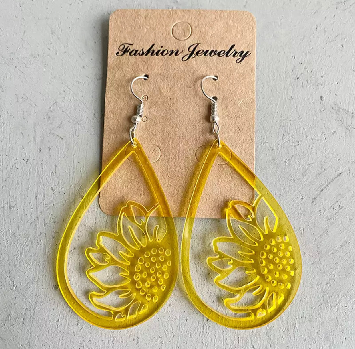 Acrylic Hook Dangle Earrings - Sunflower Cutout Teardrops
