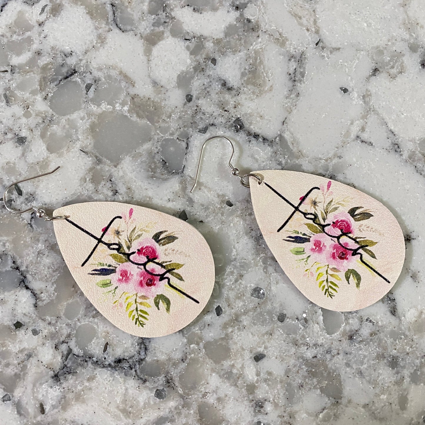 Faux Leather Earrings - Faith Floral Teardrops