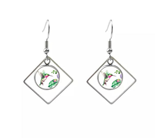 Glass Dome Hook Earrings - Hummingbird Round with Diamond