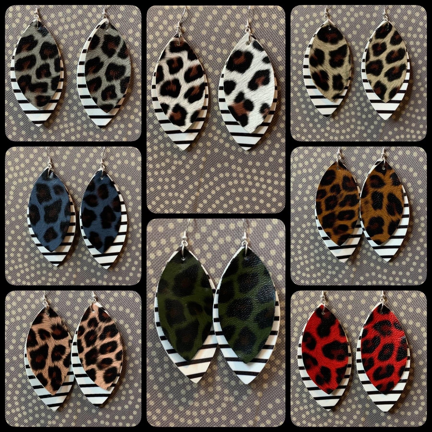 Faux Leather Earrings - Animal Print Diamond Double